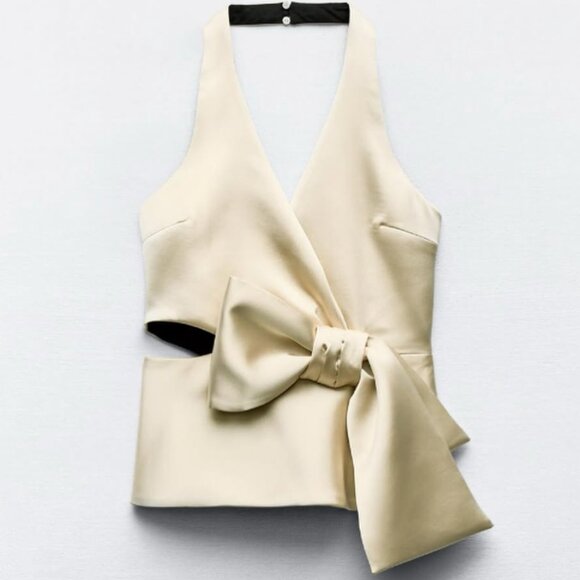 ZARA FULLY LINED SATIN BOW TIE TOP BLOUSE - Picture 4 of 12